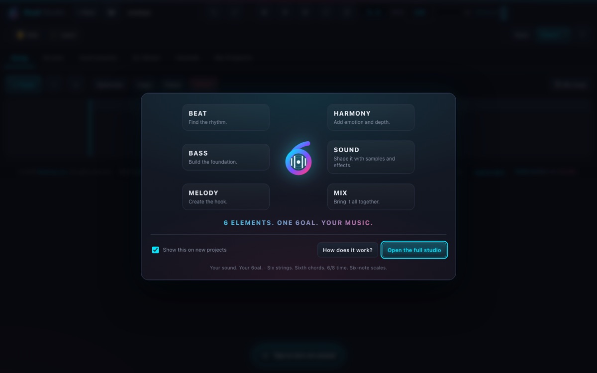 6oal Studio — six elements: beat, bass, melody, harmony, sound and mix