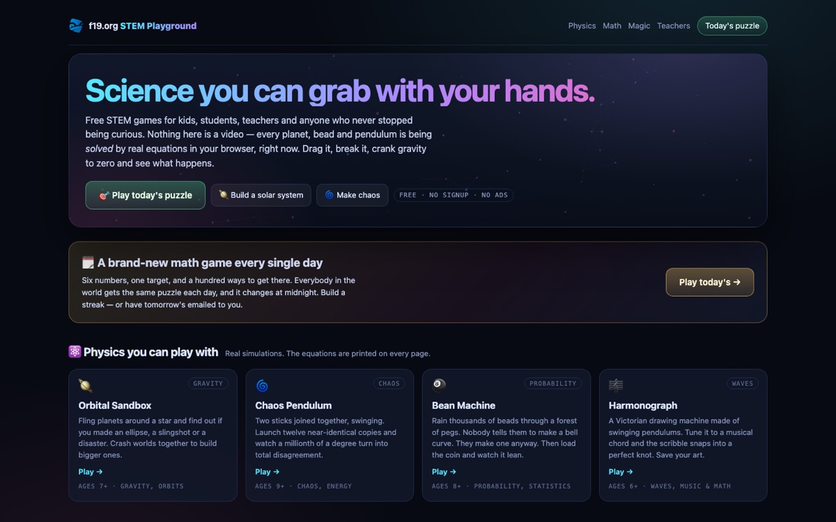 f19.org — science you can grab with your hands: free STEM games and simulations