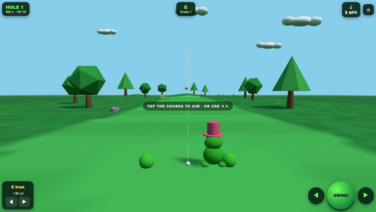 FrogZoom Golf — a frog golfer on a low-poly 3D course, with wind speed, club selection and swing controls