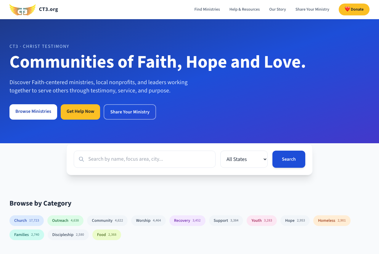 CT3.org ministry directory platform — search, category browse and donation flow